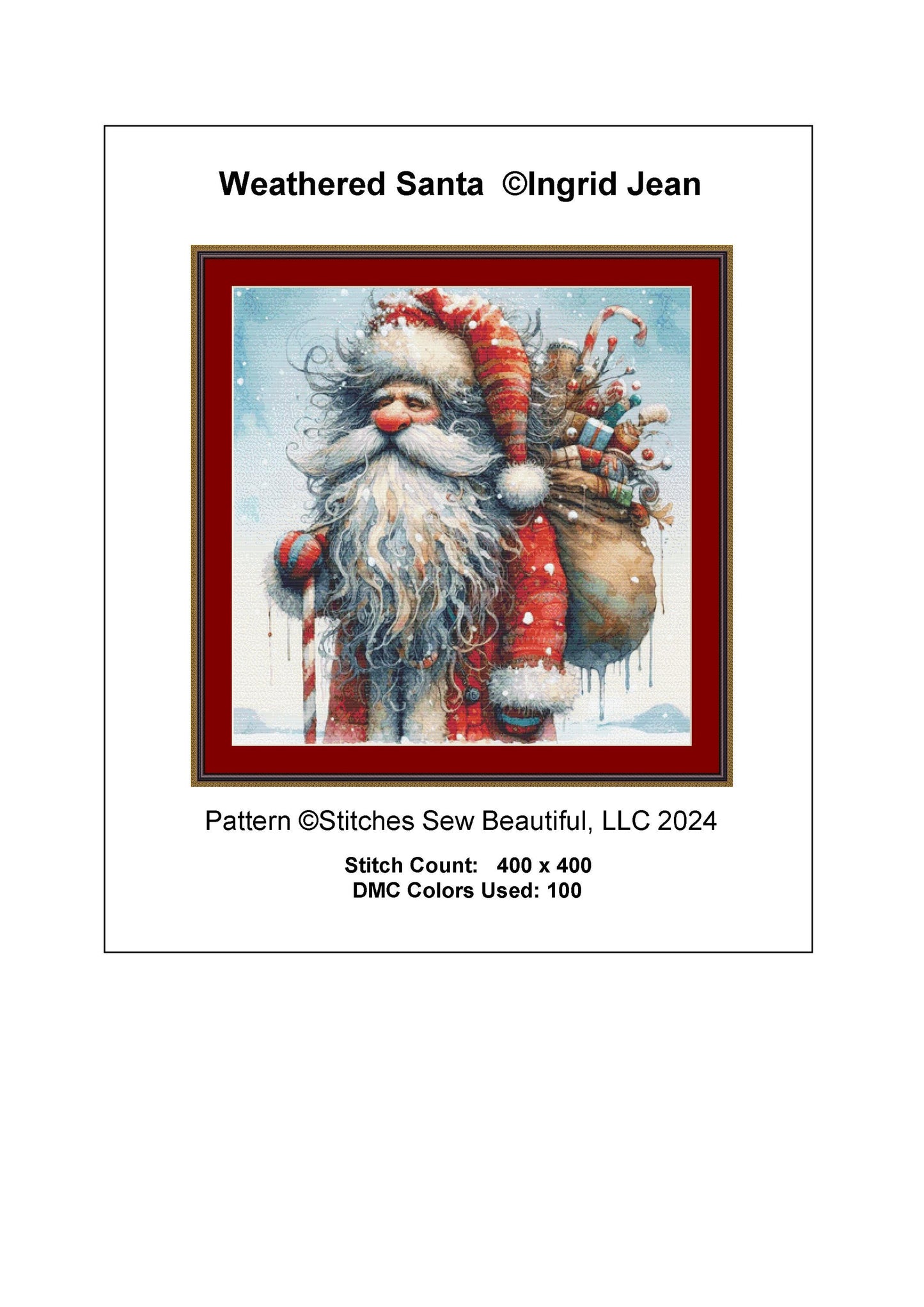Weathered Santa counted cross stitch pattern by Ingrid Jean AI Art
