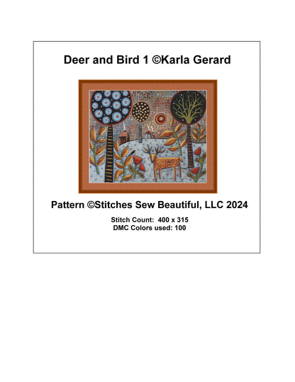 Deer and Bird 1 counted cross stitch pattern by Karla Gerard.