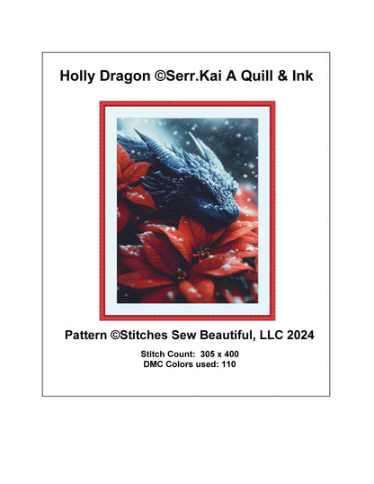 Holly Dragon counted cross stitch pattern by Serr.Kai A Quill & Ink