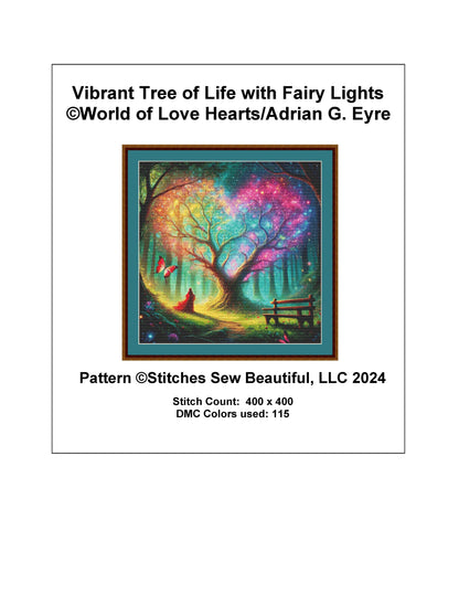 Vibrant Tree of Life with Fairy Lights counted cross stitch pattern by World of Love Hearts/Adrian G. Eyre