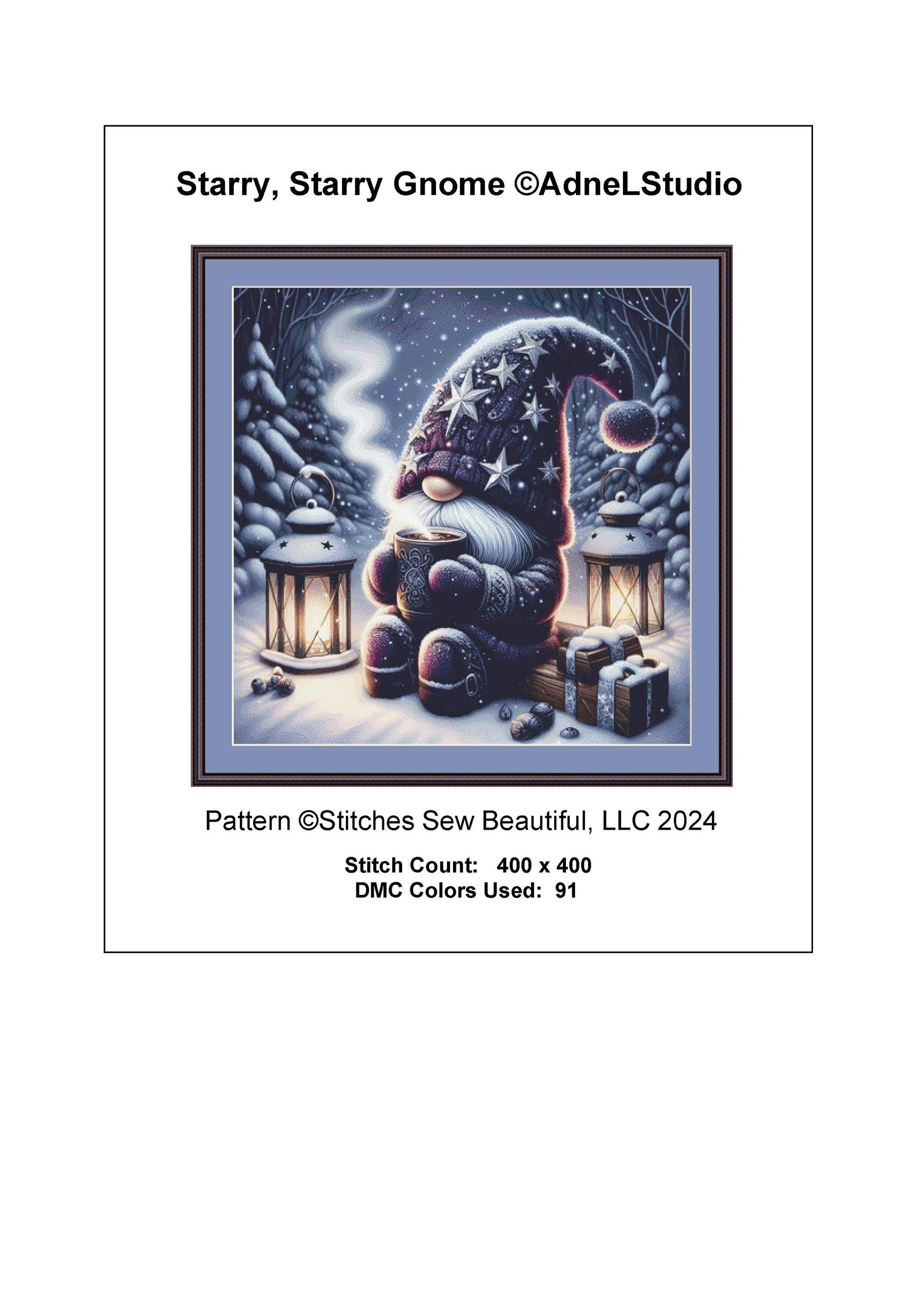 Starry, Starry Gnome counted cross stitch pattern by AdneLStudio