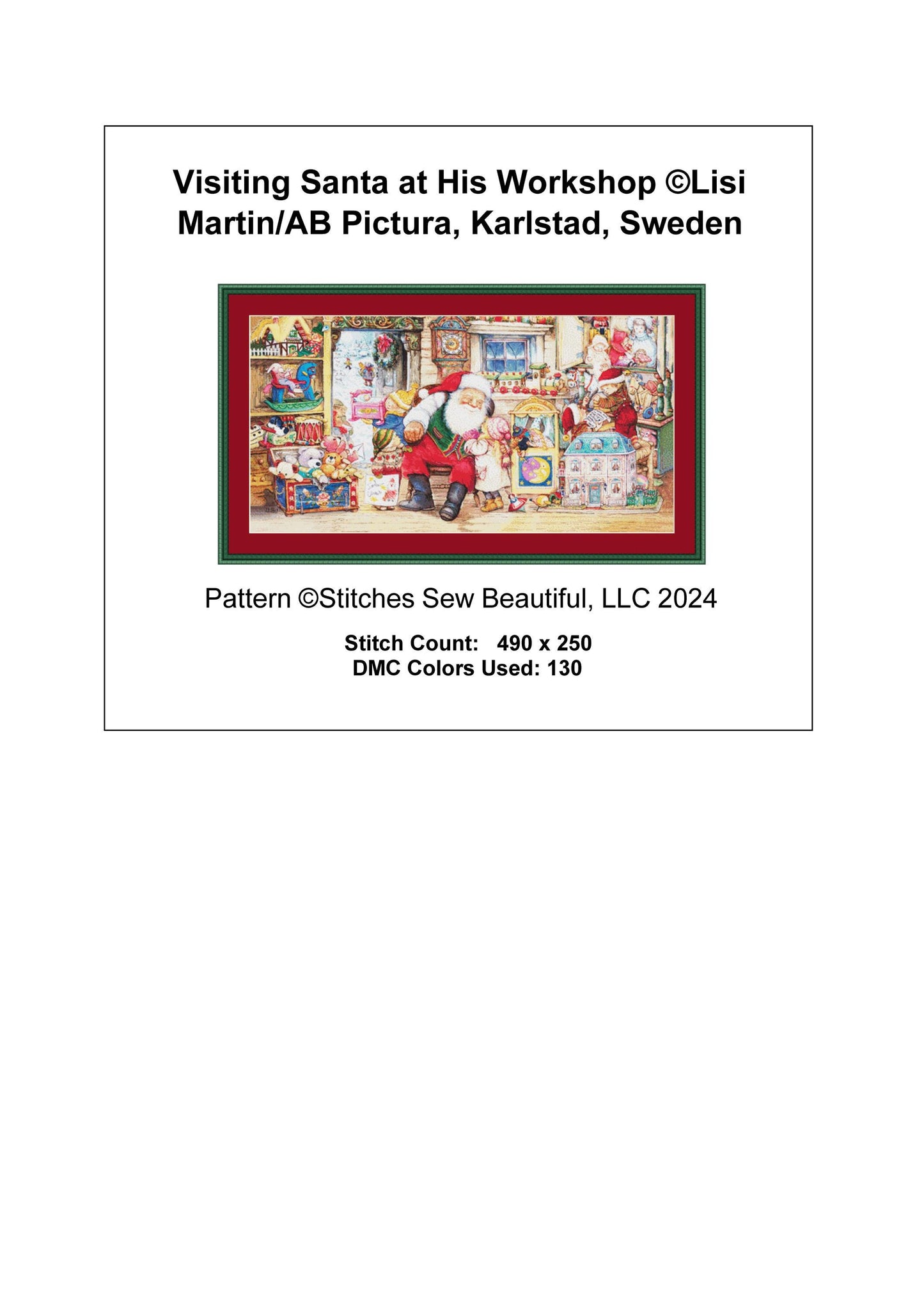 Visiting Santa at His Workshop counted cross stitch pattern by Lisi Martin/AB Pictura, Karlstad, Sweden