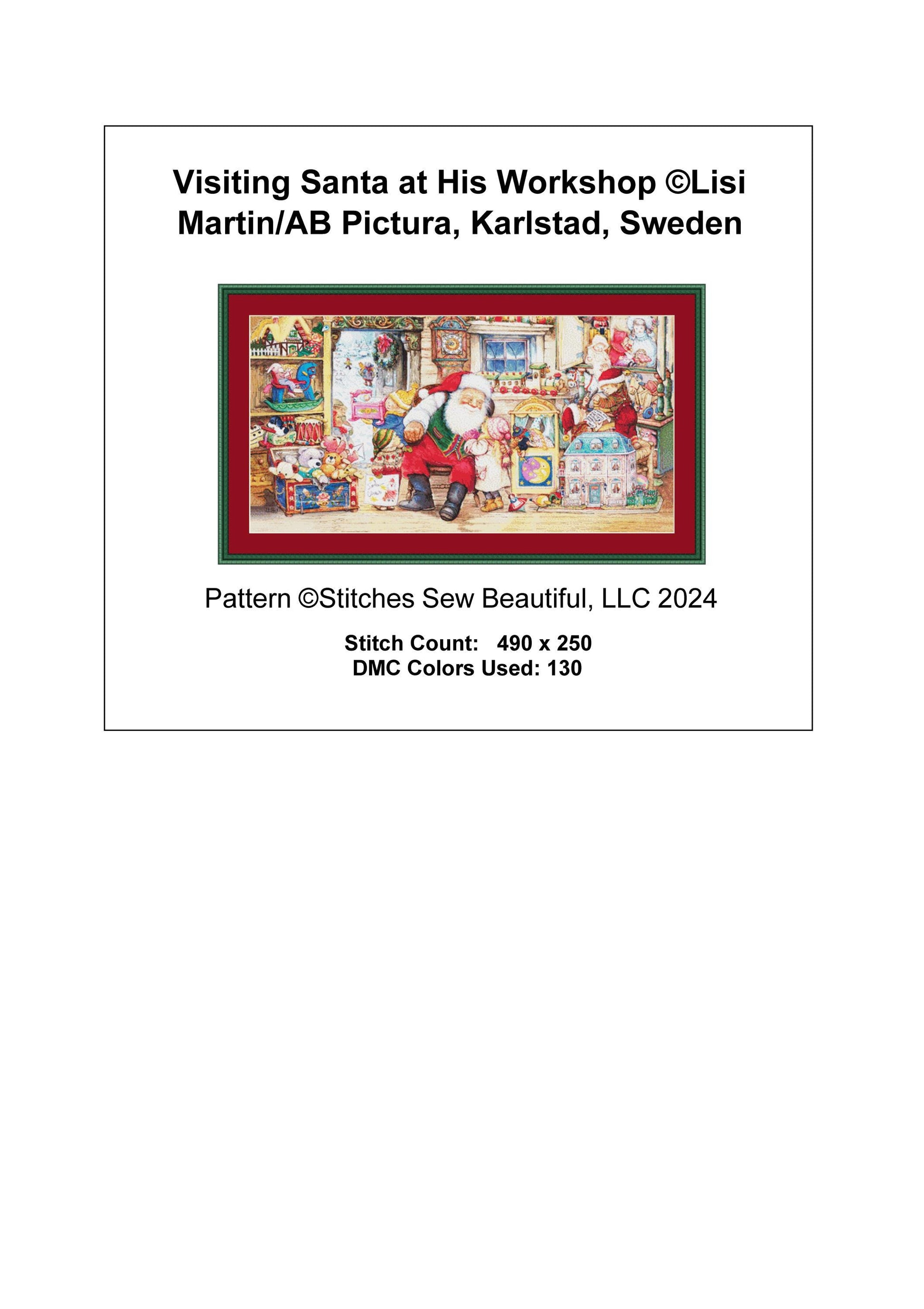 Visiting Santa at His Workshop counted cross stitch pattern by Lisi Martin/AB Pictura, Karlstad, Sweden