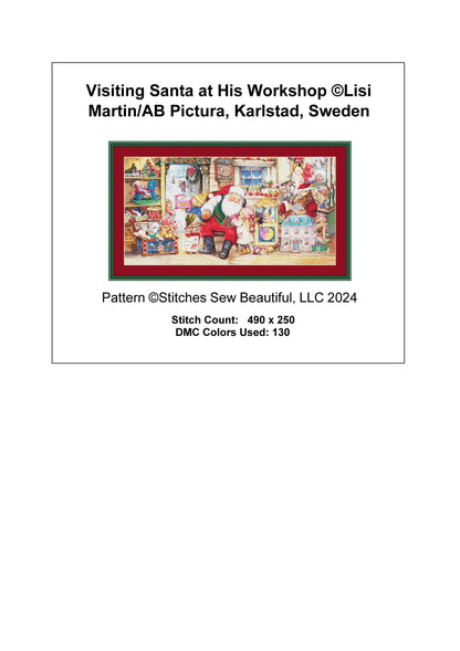 Visiting Santa at His Workshop counted cross stitch pattern by Lisi Martin/AB Pictura, Karlstad, Sweden