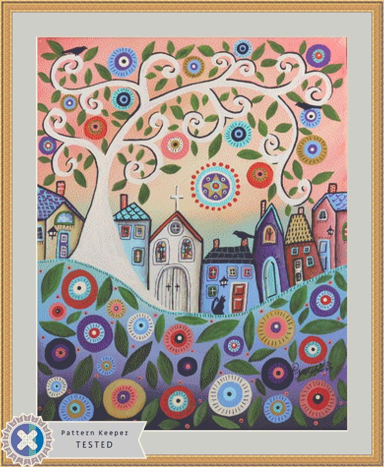 Stained Glass Church counted cross stitch pattern by Karla Gerard