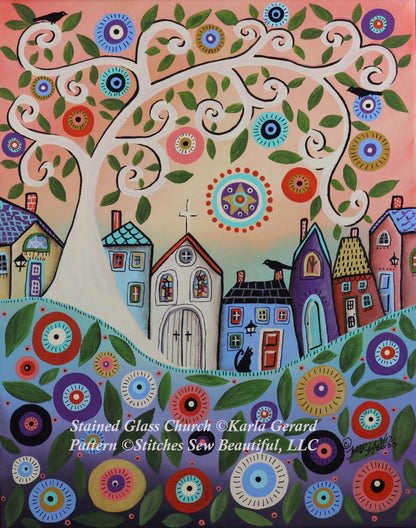 Stained Glass Church counted cross stitch pattern by Karla Gerard