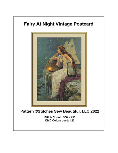 Fairy at Night Vintage Postcard cross stitch pattern by StitchesSewBeautiful