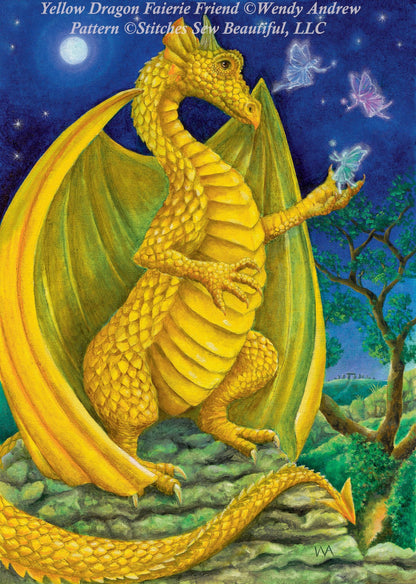 Yellow Dragon Faerie Friend cross stitch pattern by Wendy Andrew of PaintingDreams