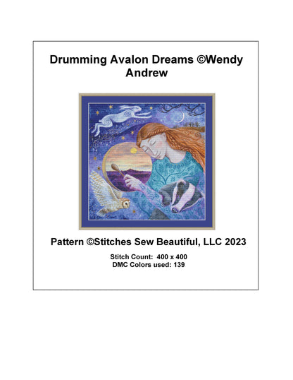 Drumming Avalon Dreams cross stitch pattern by Wendy Andrew of PaintingDreams