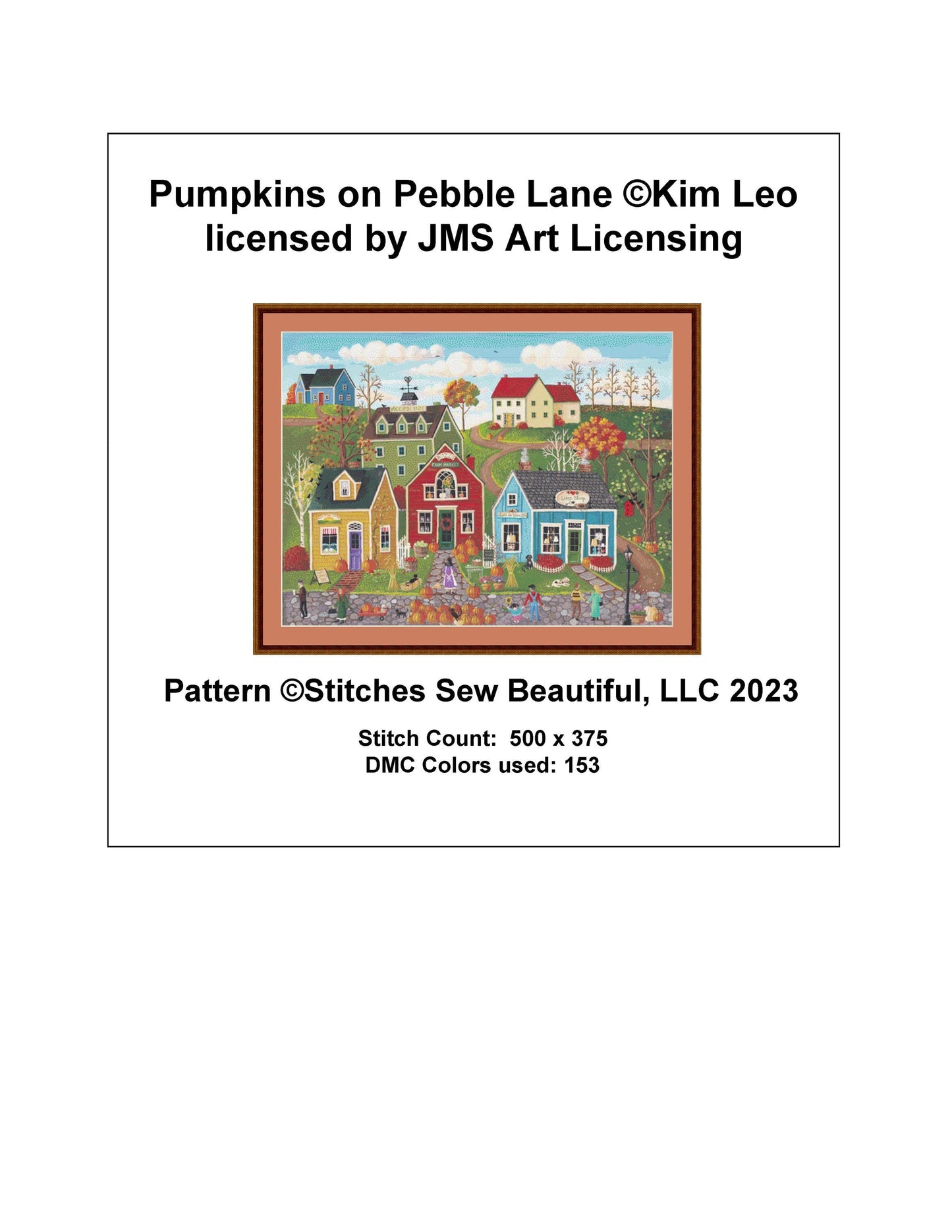 Pumpkins on Pebble Lane cross stitch pattern by Kim Leo licensed by JMS Art Licensing