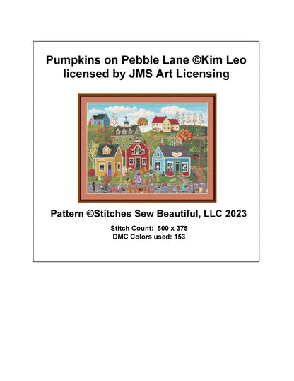 Pumpkins on Pebble Lane cross stitch pattern by Kim Leo licensed by JMS Art Licensing