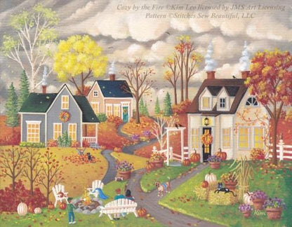 Cozy By The Fire cross stitch pattern by Kim Leo licensed by JMS Art Licensing