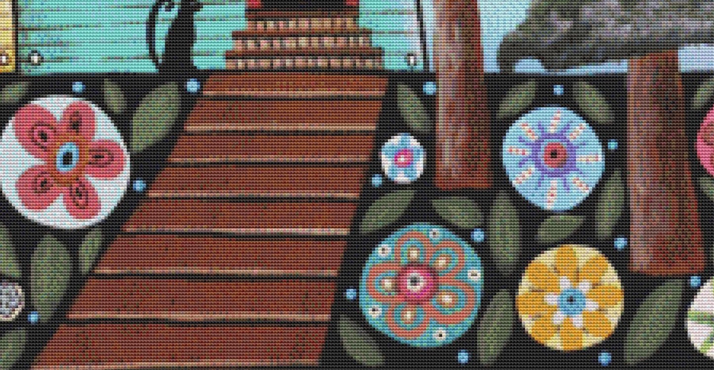 Teal & Yellow House Collage counted cross stitch pattern by Karla Gerard