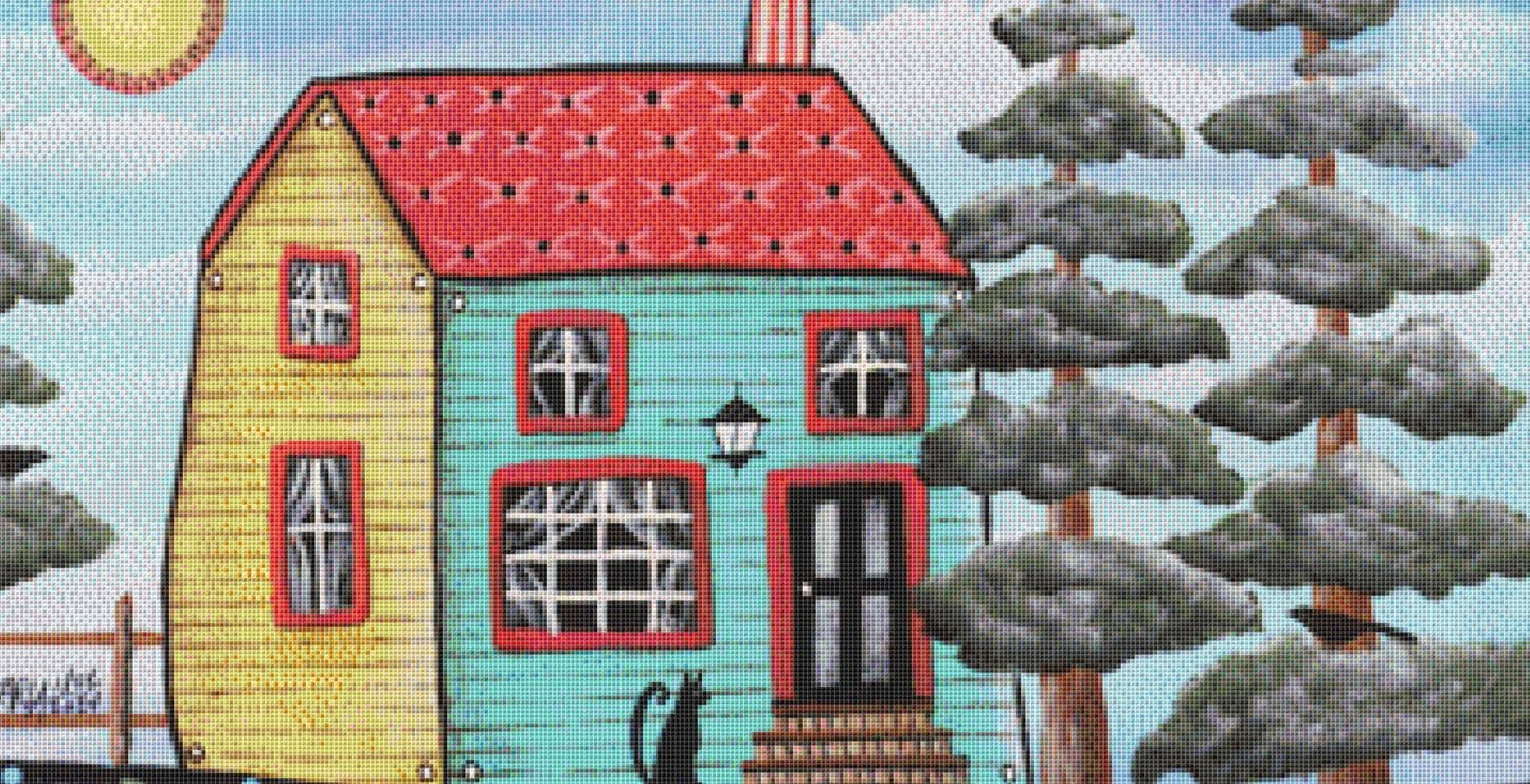 Teal & Yellow House Collage counted cross stitch pattern by Karla Gerard