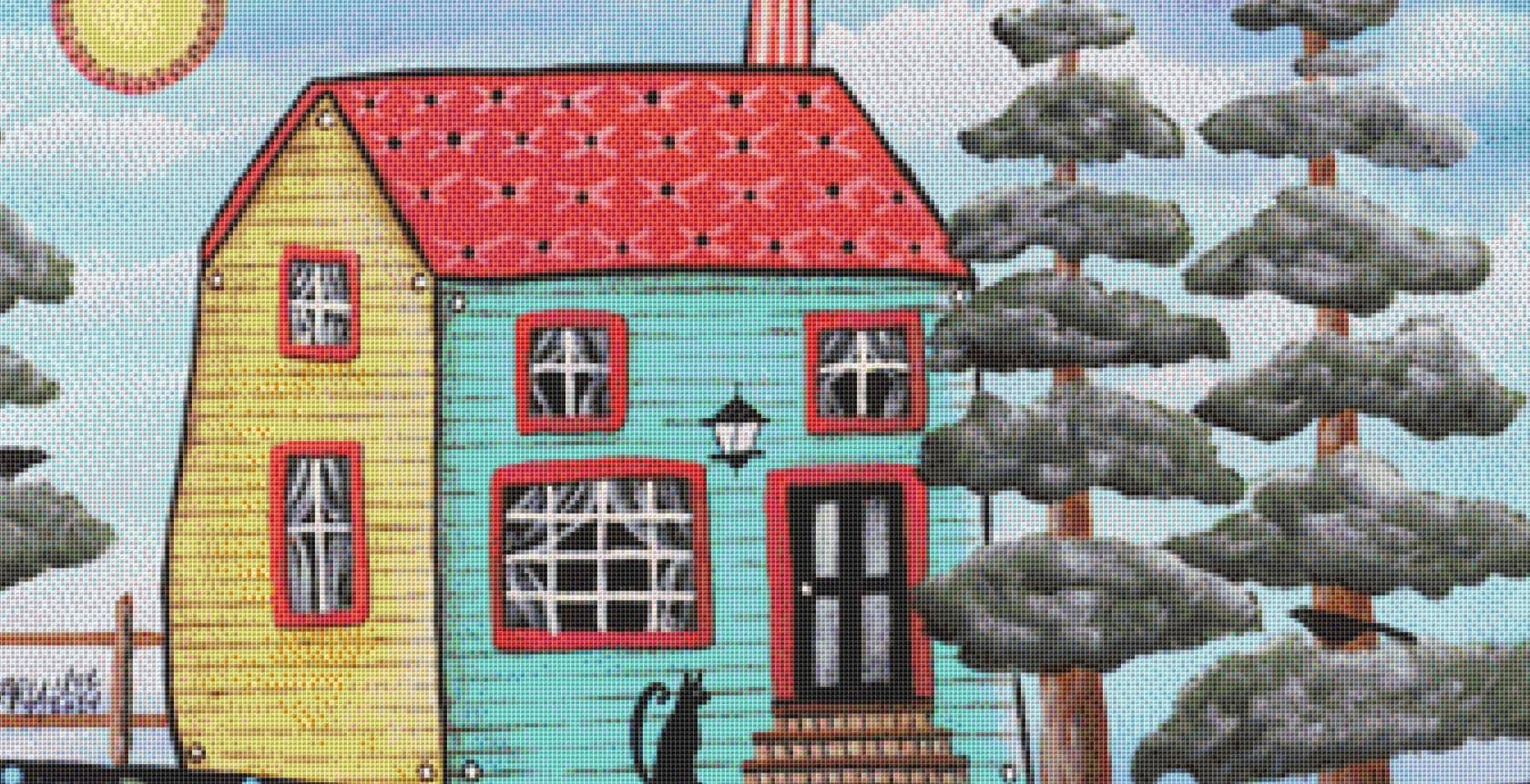 Teal & Yellow House Collage counted cross stitch pattern by Karla Gerard