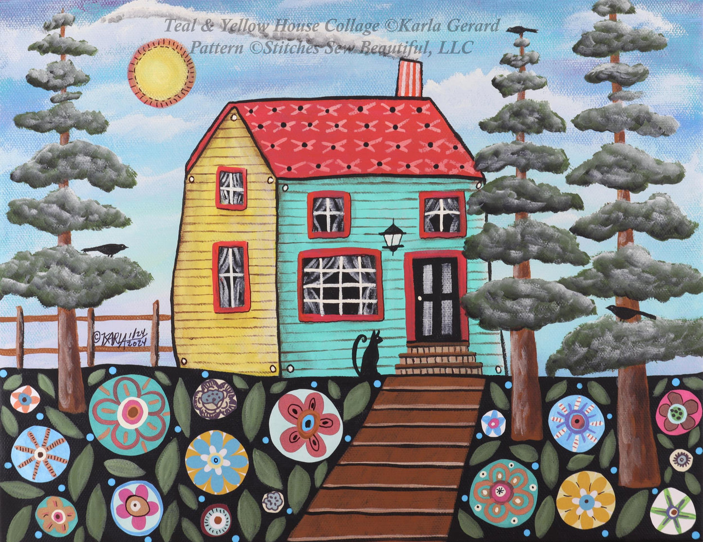 Teal & Yellow House Collage counted cross stitch pattern by Karla Gerard