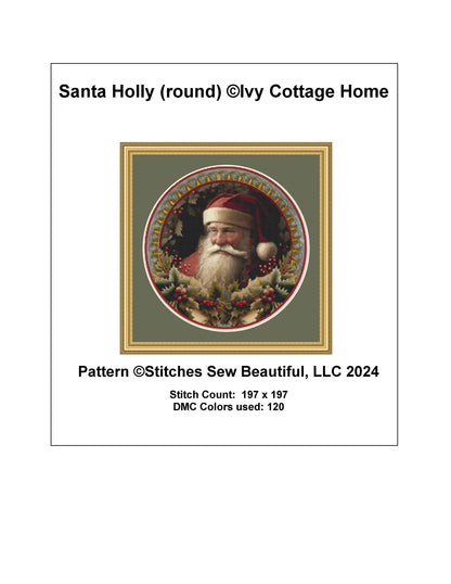 Santa Holly (round) counted cross stitch pattern by IvyCottageHome
