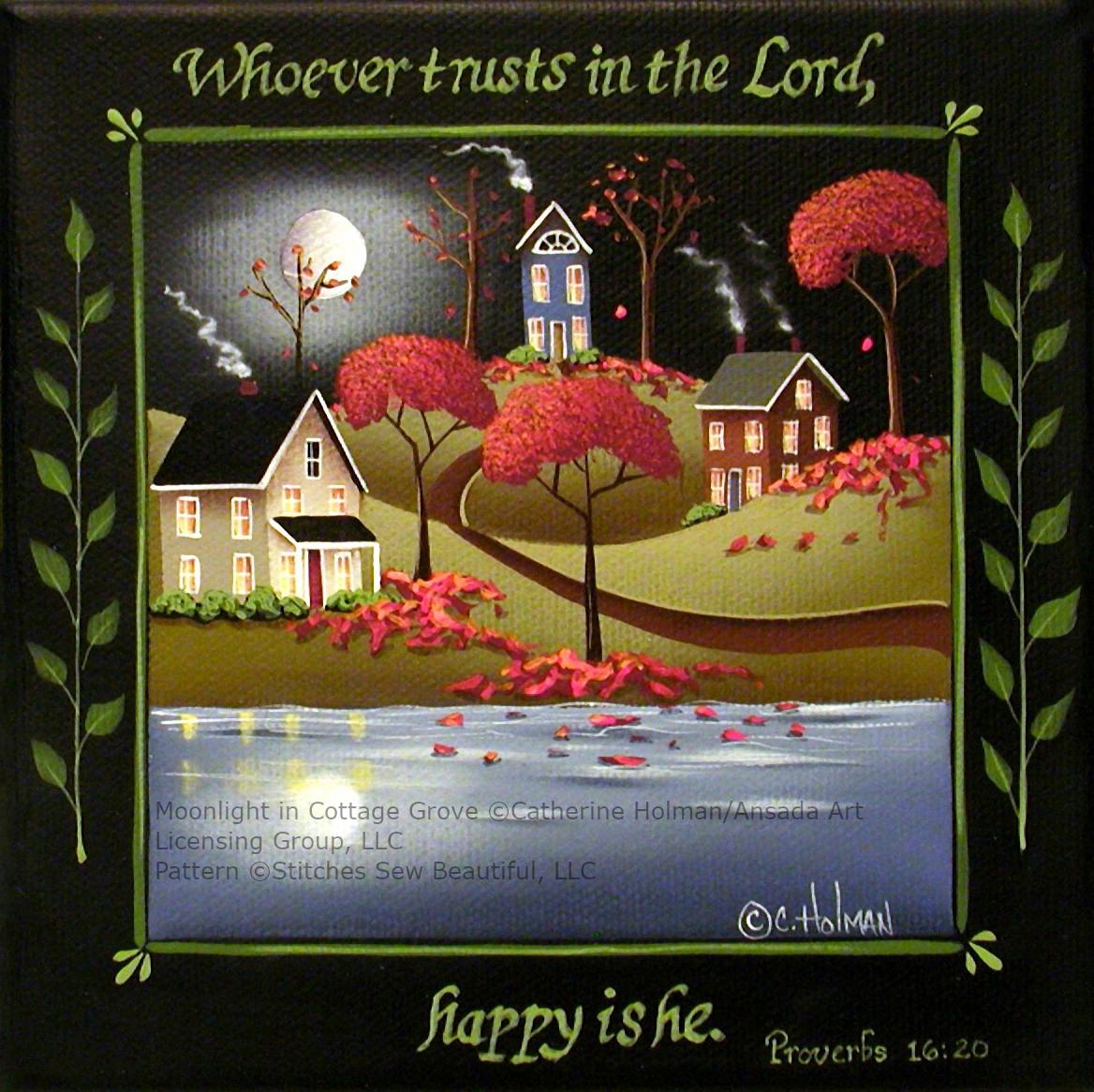 Moonlight in Cottage Grove cross stitch pattern by Catherine Holman/Ansada Art Licensing Group, LLC.