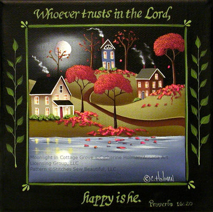Moonlight in Cottage Grove cross stitch pattern by Catherine Holman/Ansada Art Licensing Group, LLC.