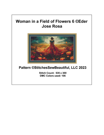 Woman in a Field of Flowers 6 cross stitch pattern by Eder Jose Rosa