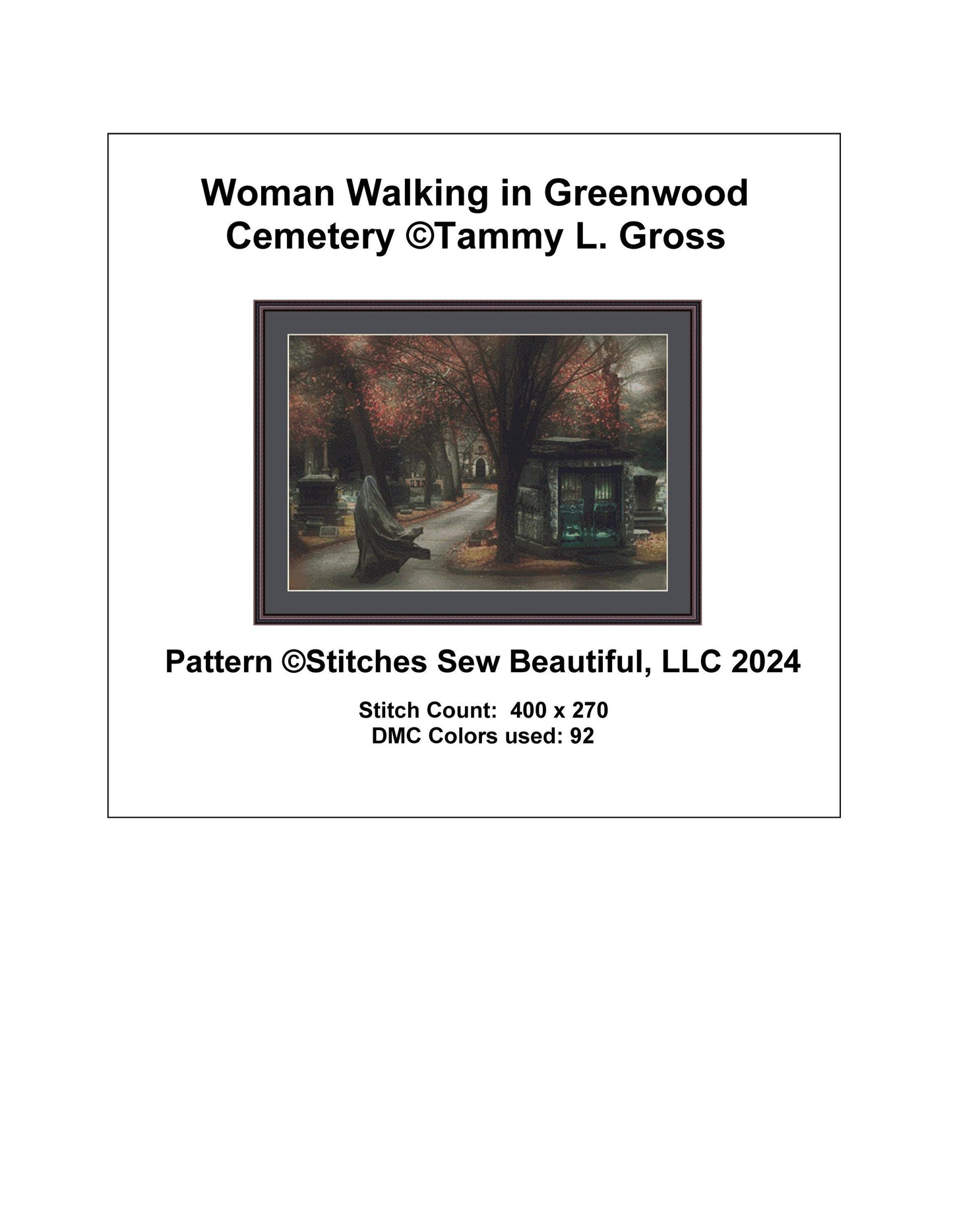 Woman Walking in Greenwood Cemetery cross stitch pattern by Tammy L. Gross