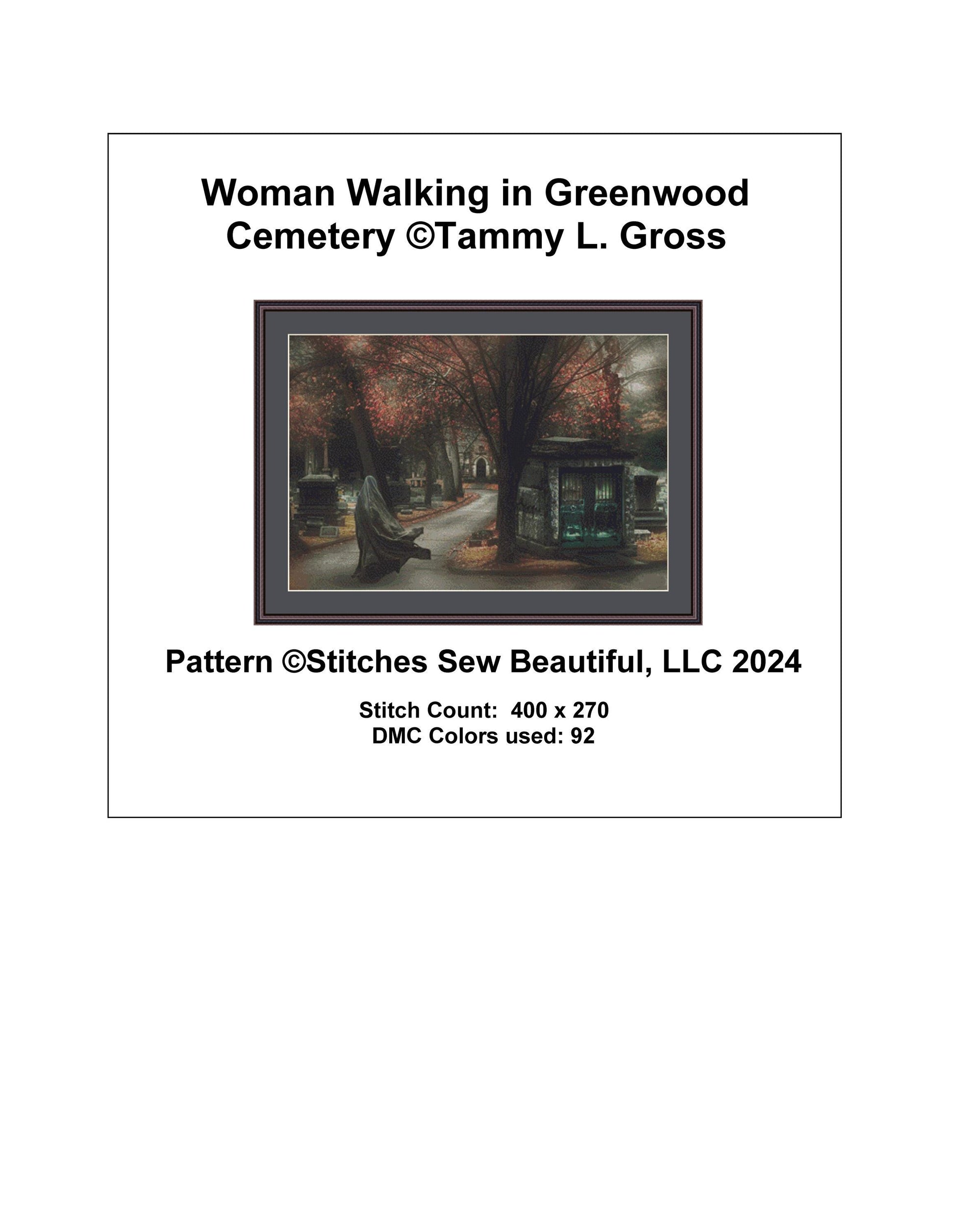 Woman Walking in Greenwood Cemetery cross stitch pattern by Tammy L. Gross