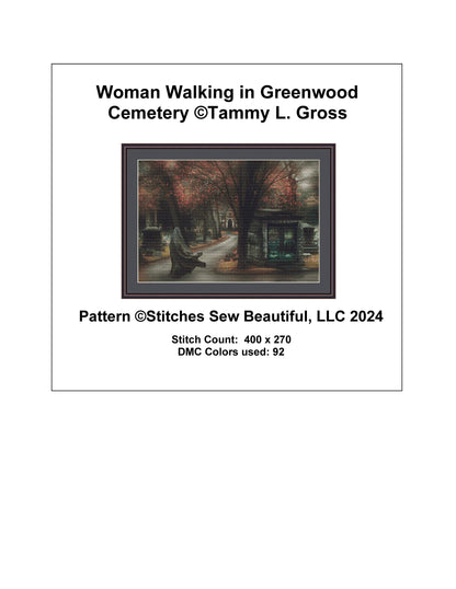 Woman Walking in Greenwood Cemetery cross stitch pattern by Tammy L. Gross