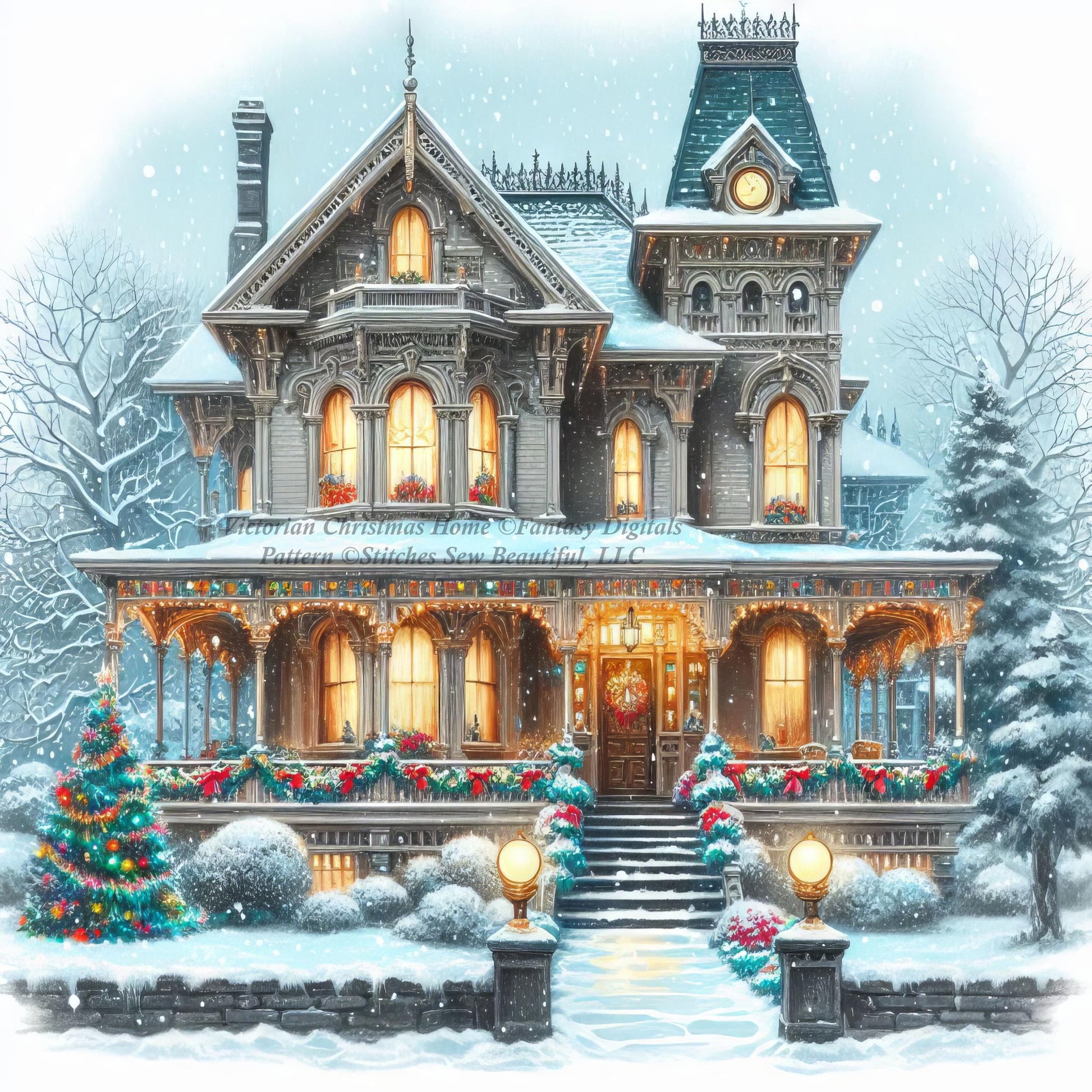 Victorian Christmas Home counted cross stitch pattern by FantasyDigitals