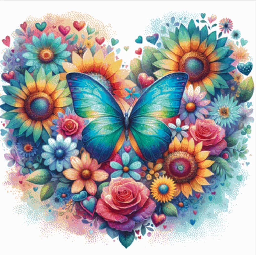 Resplendent Butterfly in a Field of Flowers counted cross stitch pattern by World of Love Hearts/Adrian G. Eyre