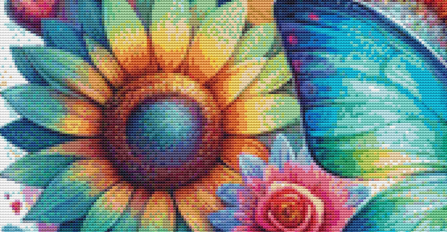 Resplendent Butterfly in a Field of Flowers counted cross stitch pattern by World of Love Hearts/Adrian G. Eyre