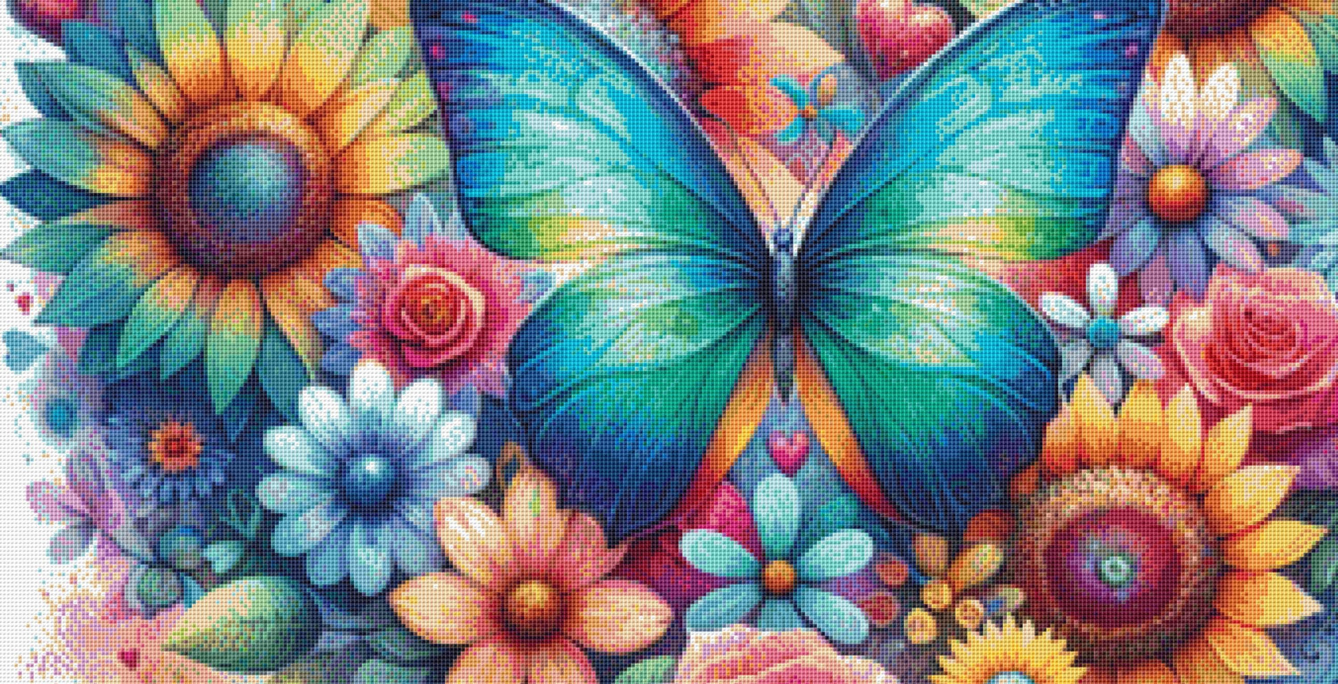 Resplendent Butterfly in a Field of Flowers counted cross stitch pattern by World of Love Hearts/Adrian G. Eyre