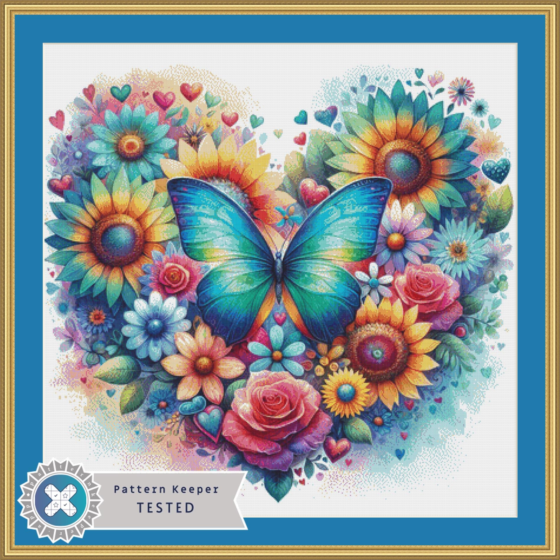 Resplendent Butterfly in a Field of Flowers counted cross stitch pattern by World of Love Hearts/Adrian G. Eyre