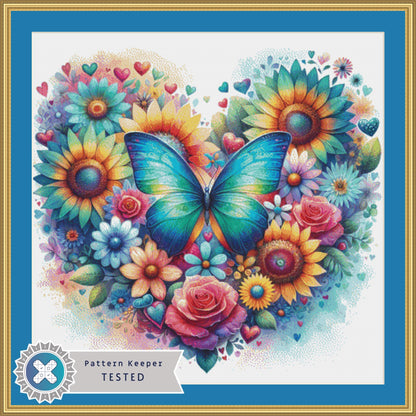 Resplendent Butterfly in a Field of Flowers counted cross stitch pattern by World of Love Hearts/Adrian G. Eyre
