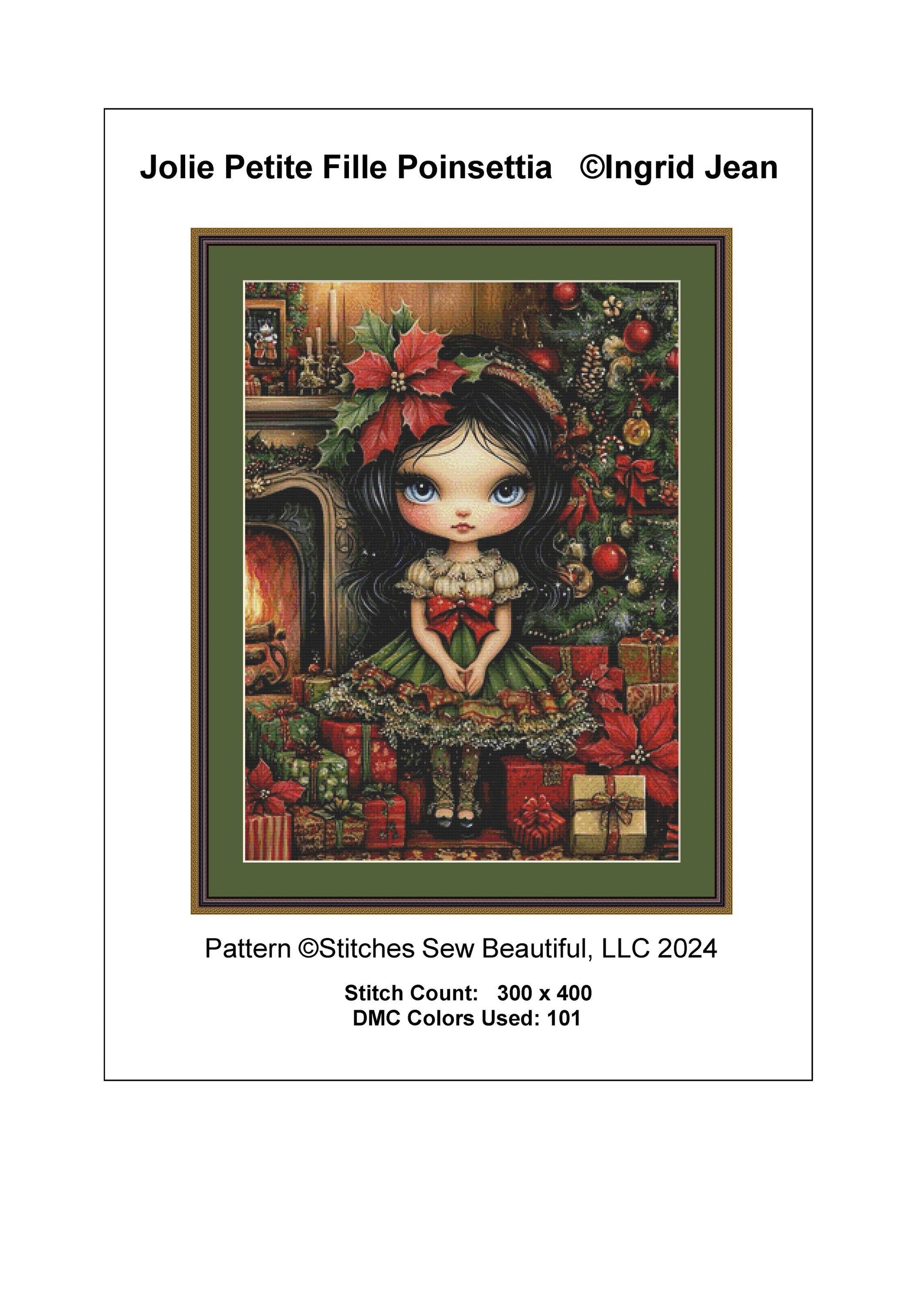 Jolie Petite Fille Poinsettia counted cross stitch pattern by Ingrid Jean AI Art