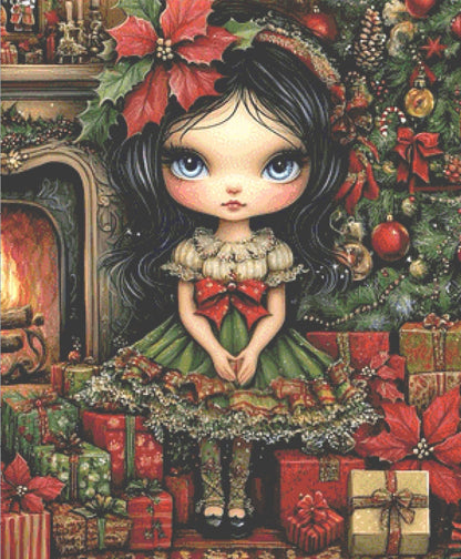 Jolie Petite Fille Poinsettia counted cross stitch pattern by Ingrid Jean AI Art