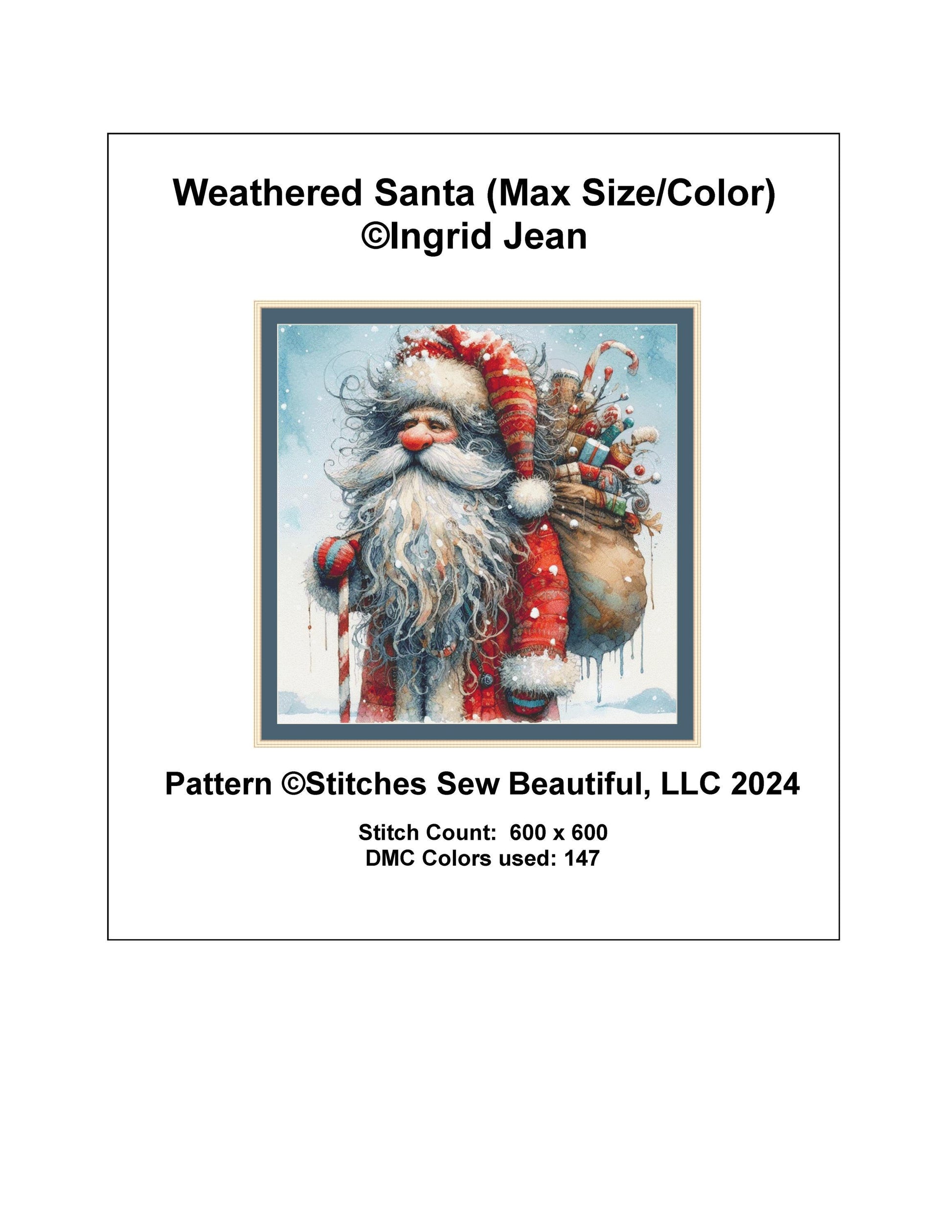 Weathered Santa (Max Size/Color) counted cross stitch pattern by Ingrid Jean AI Art