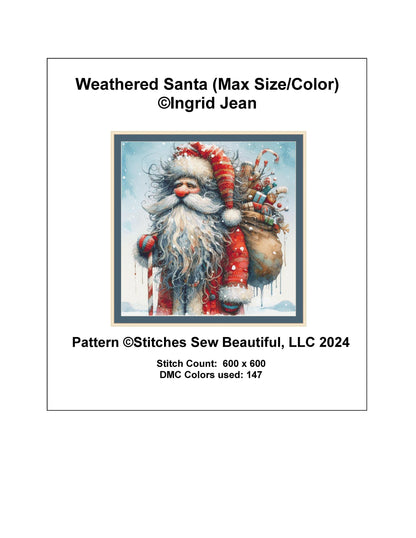 Weathered Santa (Max Size/Color) counted cross stitch pattern by Ingrid Jean AI Art