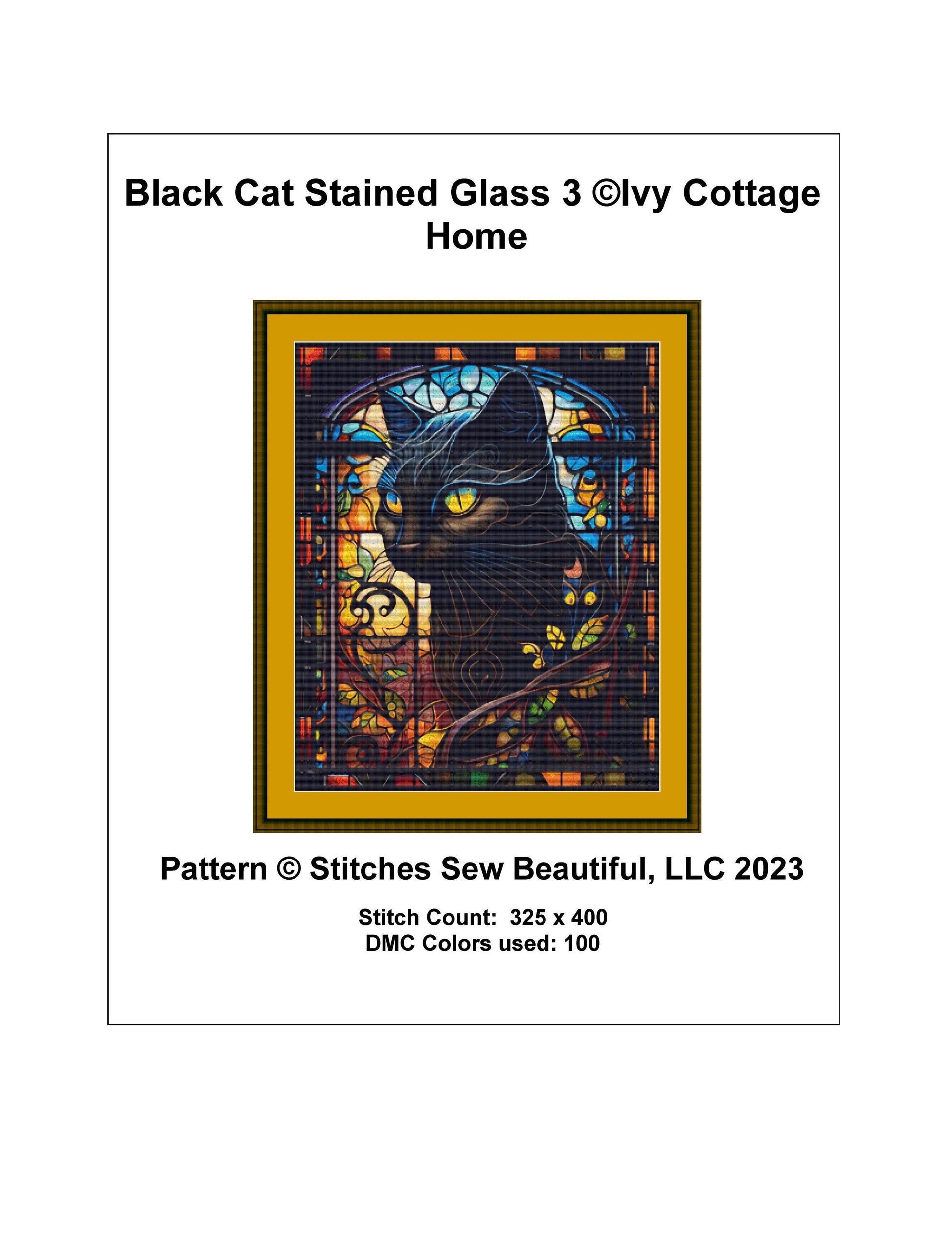 Black Cat Stained Glass 3 cross stitch pattern by IvyCottageHome