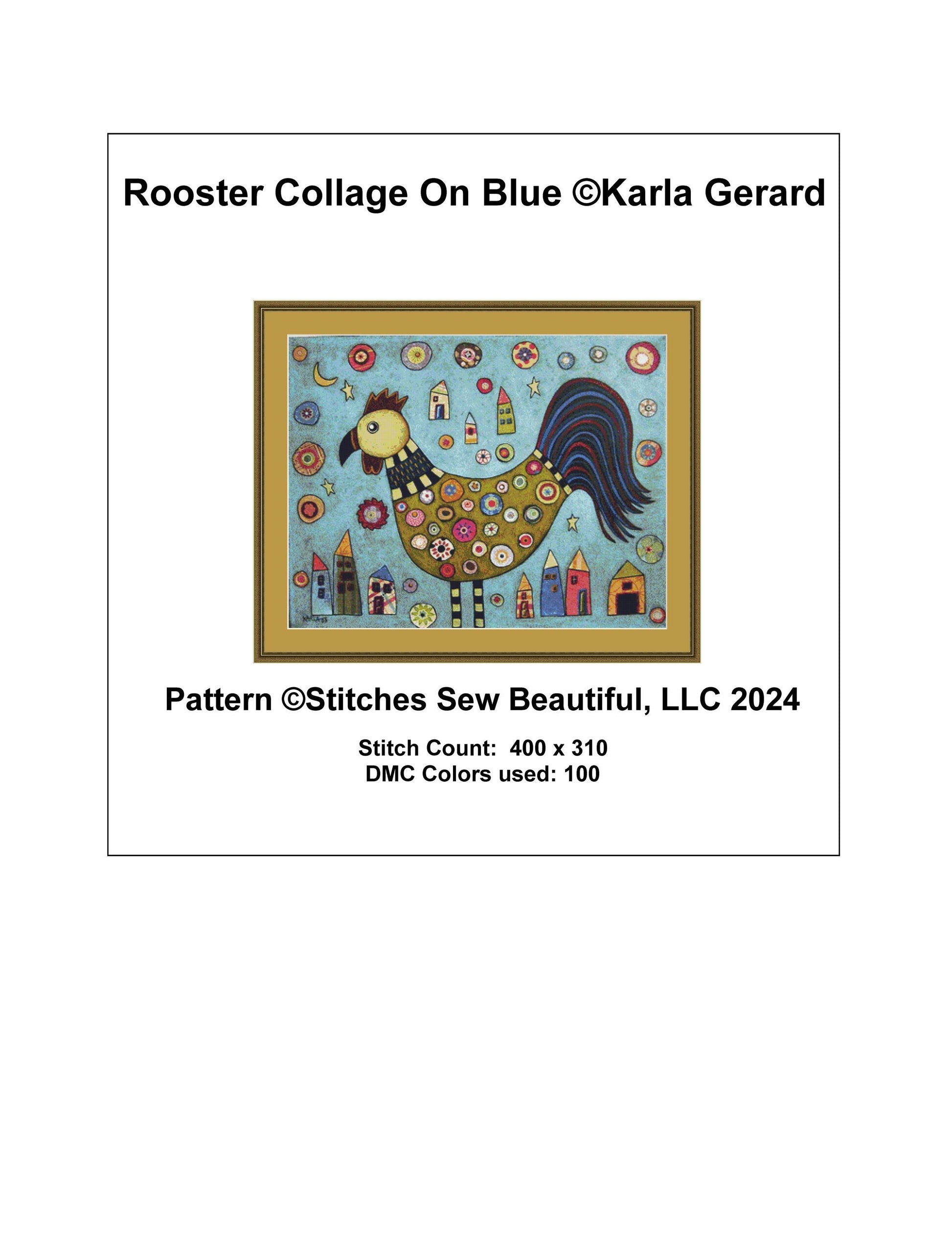Rooster Collage On Blue cross stitch pattern by Karla Gerard