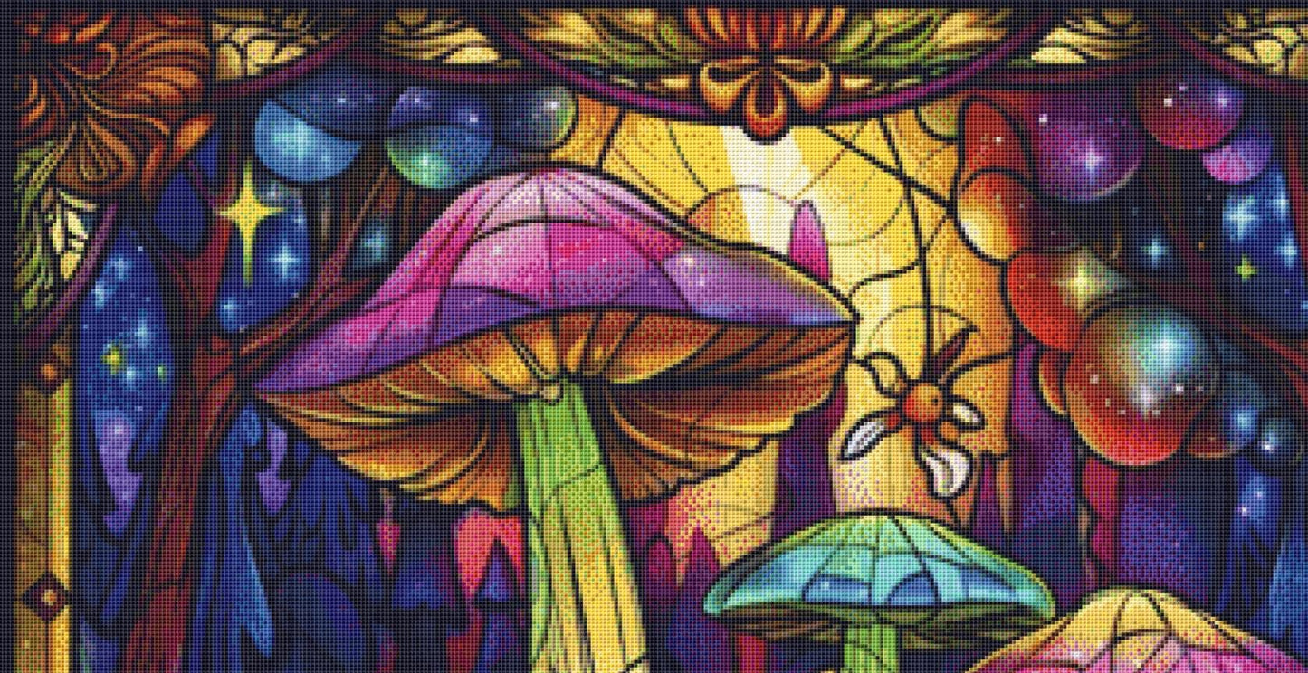 Mushroom Wonderland Stained Glass Enchantment counted cross stitch pattern by The Art Revivalist