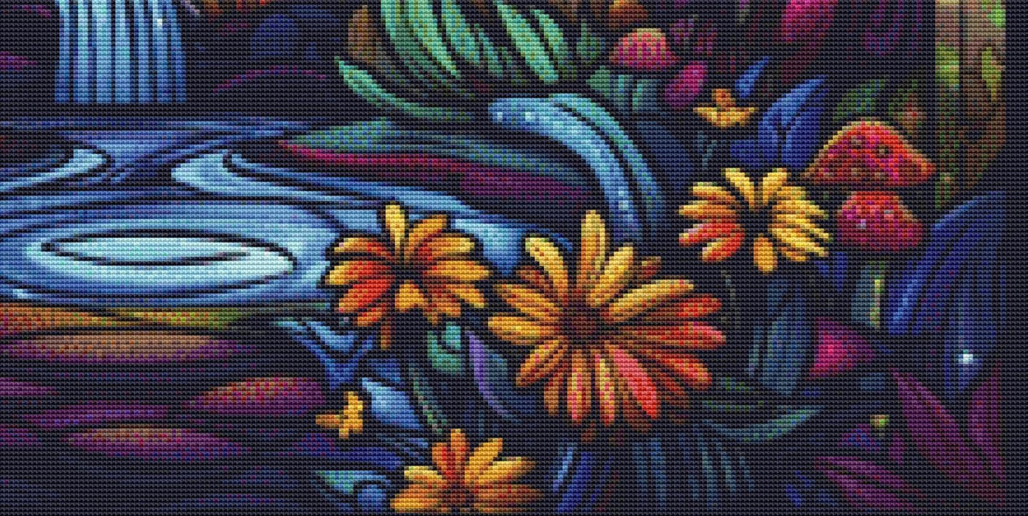 Mushroom Wonderland Stained Glass Enchantment counted cross stitch pattern by The Art Revivalist