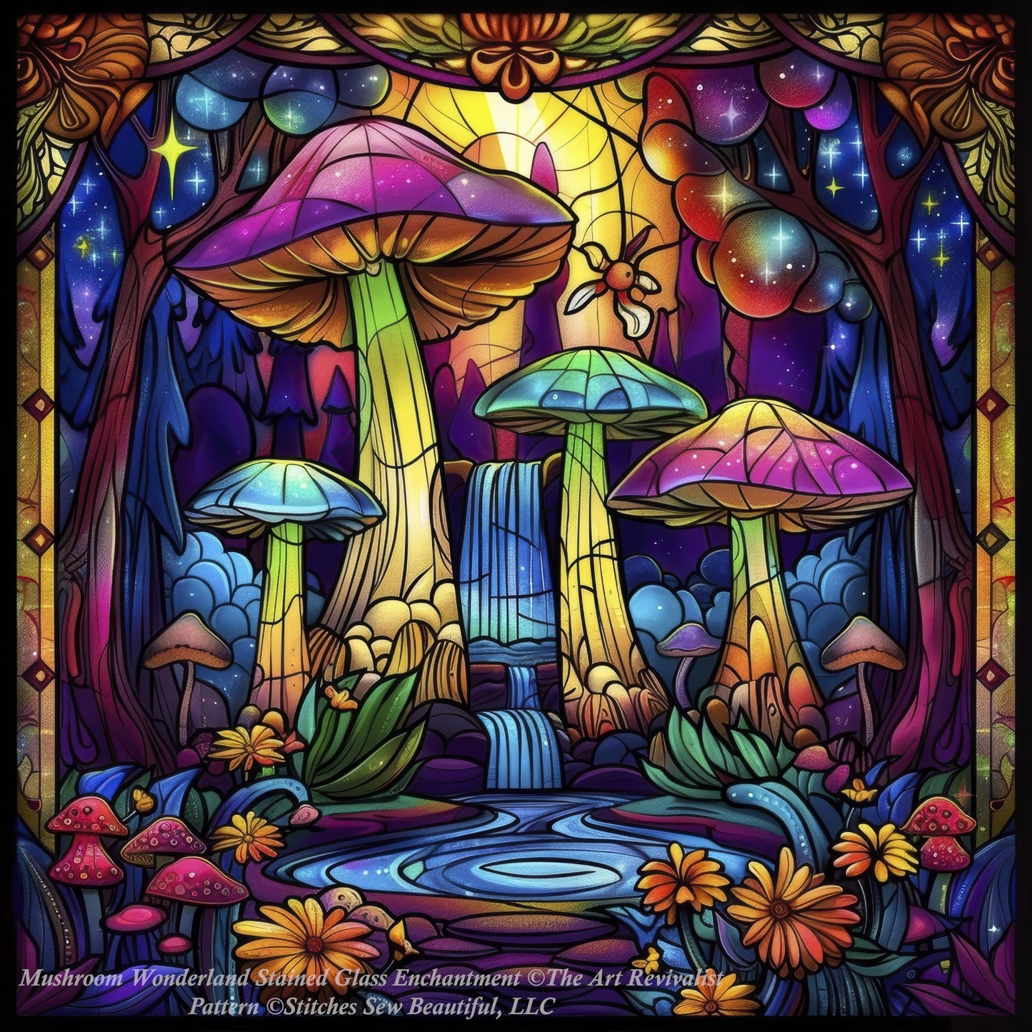 Mushroom Wonderland Stained Glass Enchantment counted cross stitch pattern by The Art Revivalist