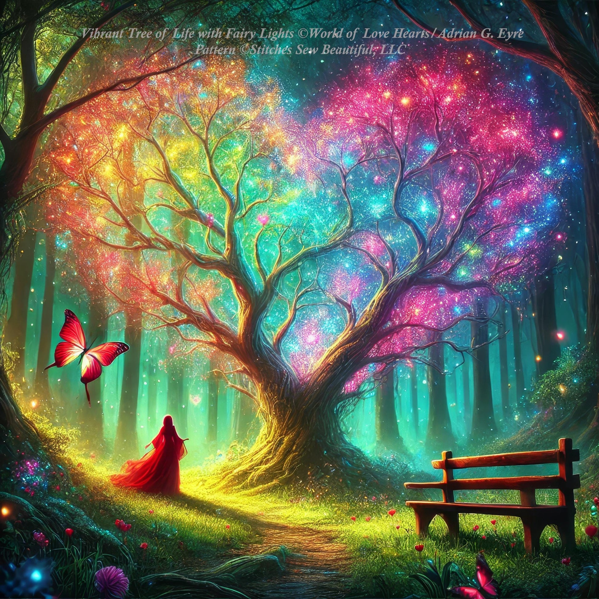 Vibrant Tree of Life with Fairy Lights counted cross stitch pattern by World of Love Hearts/Adrian G. Eyre