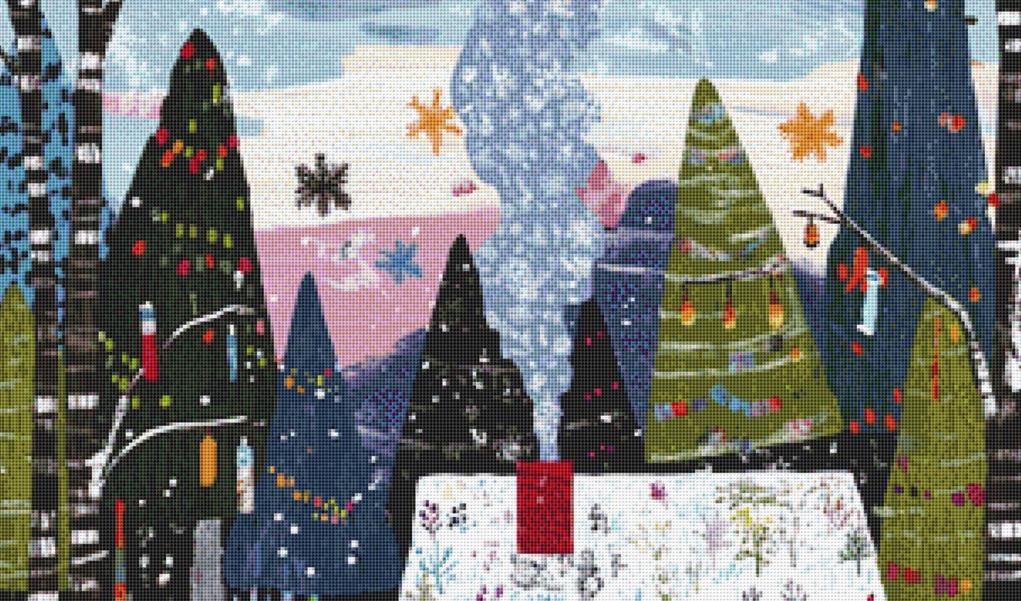 Cozy Hideaway in Winter Woods counted cross stitch pattern by The Art Revivalist