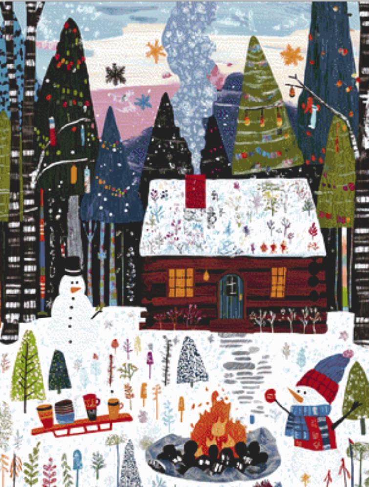 Cozy Hideaway in Winter Woods counted cross stitch pattern by The Art Revivalist