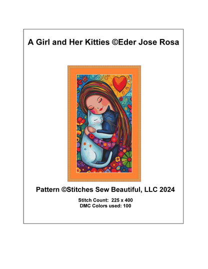 A Girl and Her Kitties cross stitch pattern by Eder Jose Rosa