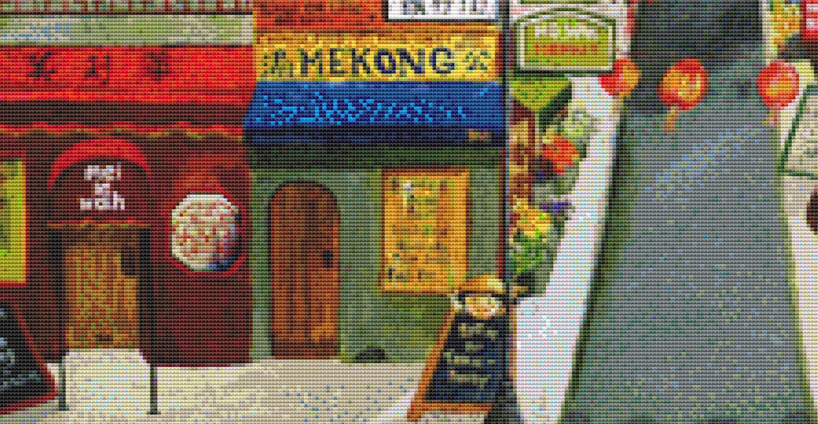 Bank Street counted cross stitch pattern by Gwendolyn McShepard/Ansada Art Licensing Group, LLC