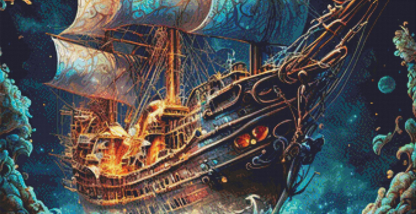 Cosmic Pirate Ship (Max Size/Color) counted cross stitch pattern by Digital Art Club AU