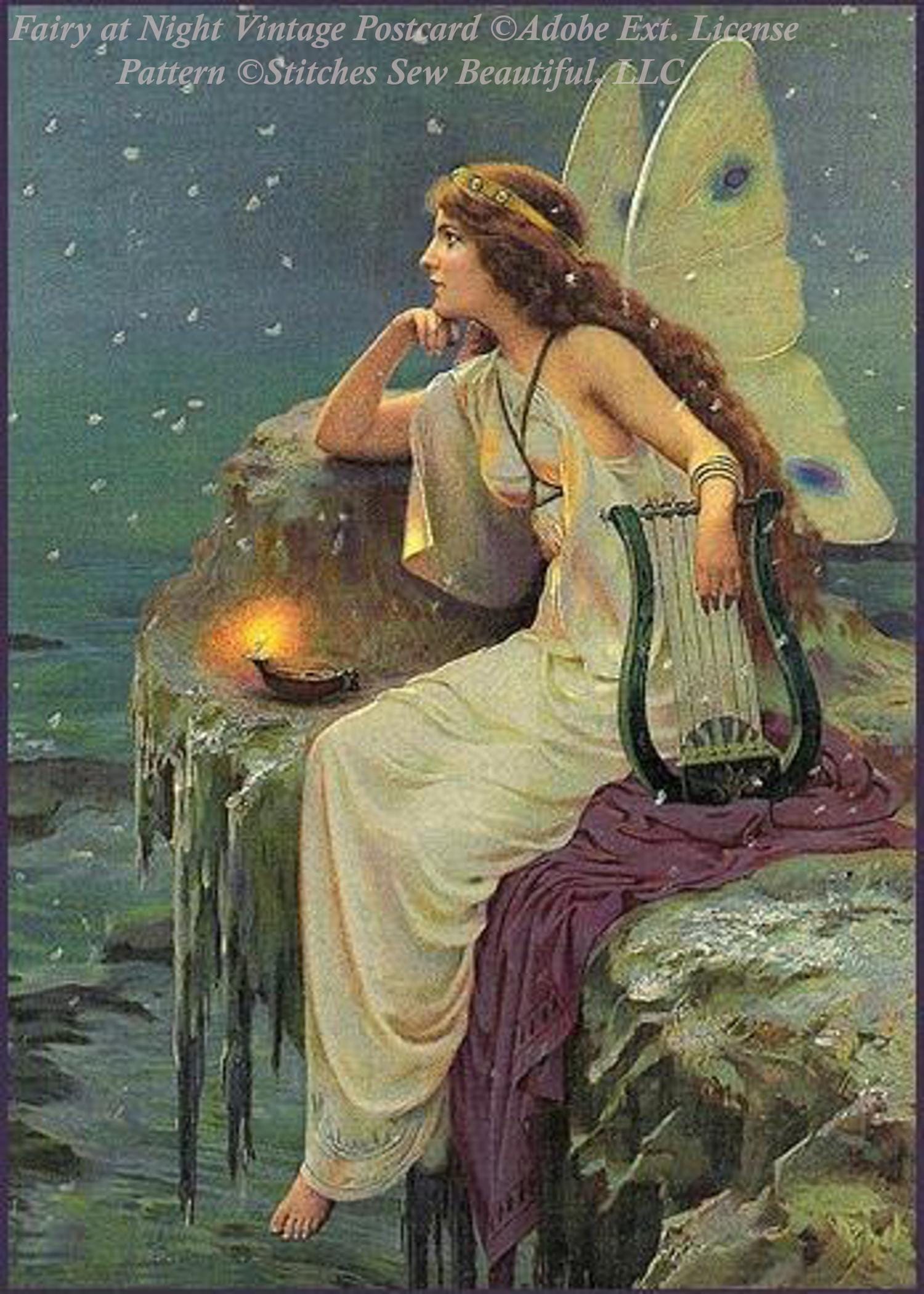 Fairy at Night Vintage Postcard cross stitch pattern by StitchesSewBeautiful