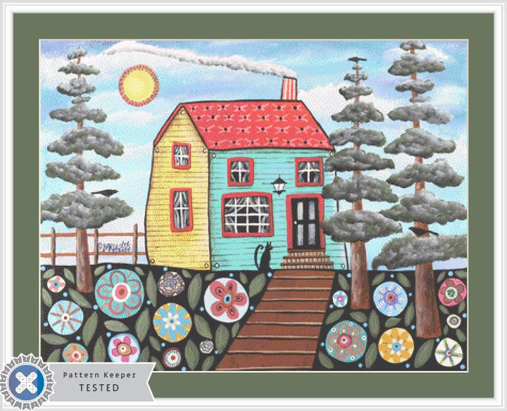 Teal & Yellow House Collage counted cross stitch pattern by Karla Gerard